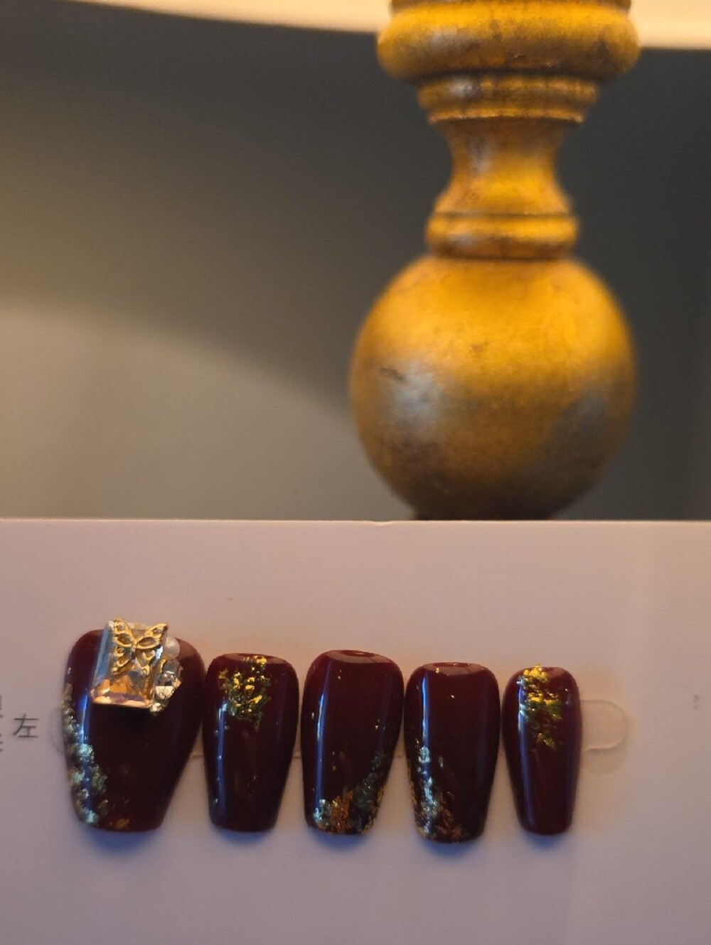 Burgundy Press-On Nail Set with Gold Foil Accent Size Med - Picture 2 of 4